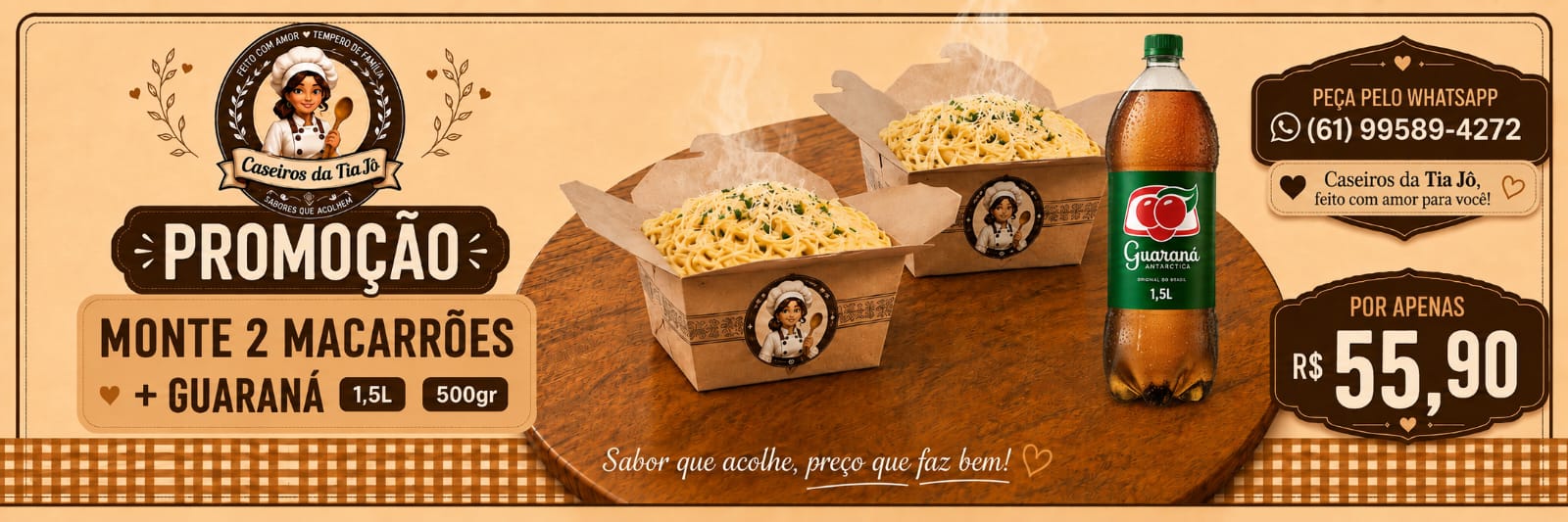 Monte 2 macarroes de 500gr+ um guarana antartica de 1,5lt por R$55,90
