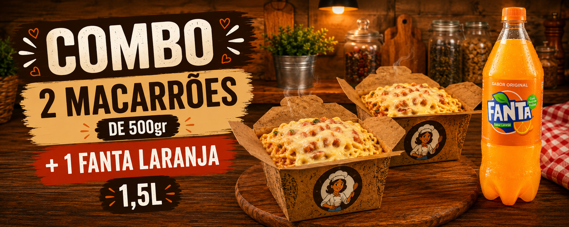 Monte 2 macarroes de 500gr + 1 fanta laranja de 1,5L por R$55,90